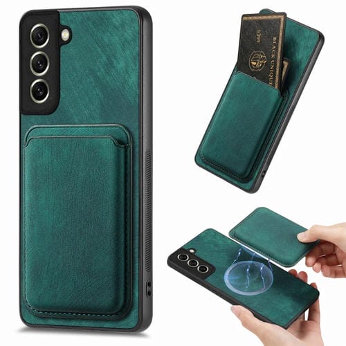 Funda de Teléfono Samsung Galaxy S21 FE 5G Magnética con Bolsa de Tarjeta de Cuero Retro (Verde)