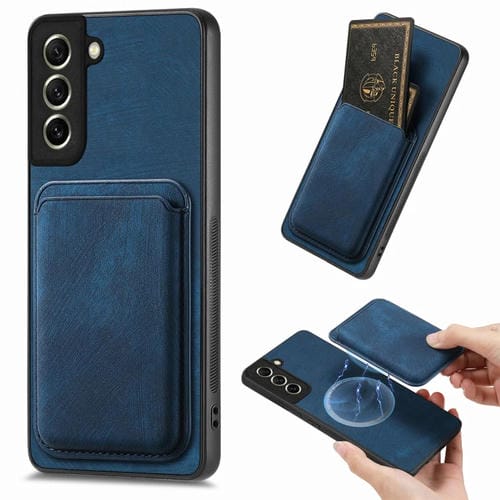 Funda de Teléfono Samsung Galaxy S21 FE 5G Magnética con Bolsa de Tarjeta de Cuero Retro (Azul)