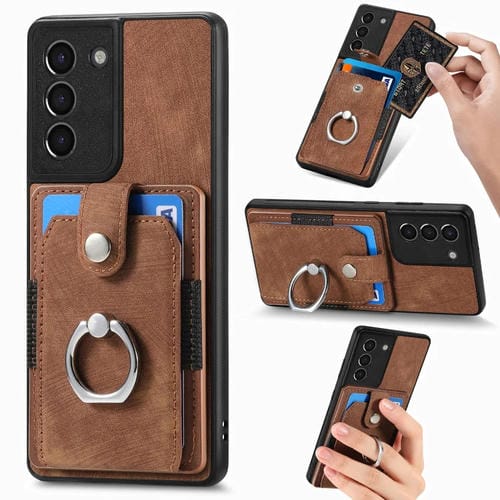 Funda para Teléfono Samsung Galaxy S21 5G con Billetera y Tarjeta con Anillo con Sensación de Piel Retro (Marrón)