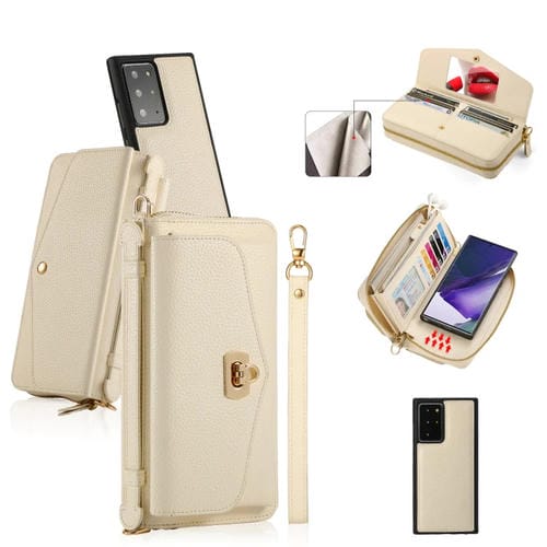 Funda para Teléfono Samsung Galaxy Note20 Ultra Crossbody con Billetera y Cremallera Multifuncional de Cuero Litchi (Beige)