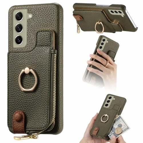 Funda para Samsung Galaxy S21 FE 5G Litchi Leather Oil Edge Ring Zipper Wallet Back (Verde)
