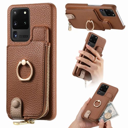 Funda para Teléfono Samsung Galaxy S20 Ultra Litchi Leather Oil Edge Ring Zipper Wallet Back (Marrón)