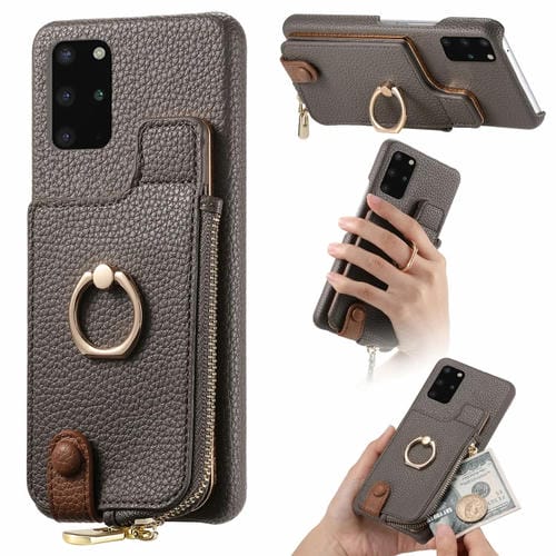 Funda trasera para Samsung Galaxy S20 con billetera, cremallera y anillo de cuero litchi (Gris)