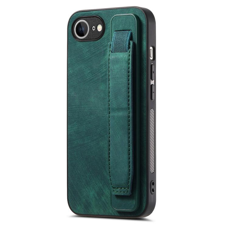 Funda de Cuero para iPhone 16E con Parte Trasera y Soporte para Pulsera (Verde)
