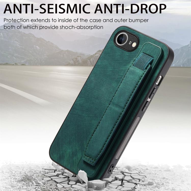 Funda de Cuero para iPhone 16E con Parte Trasera y Soporte para Pulsera (Verde)