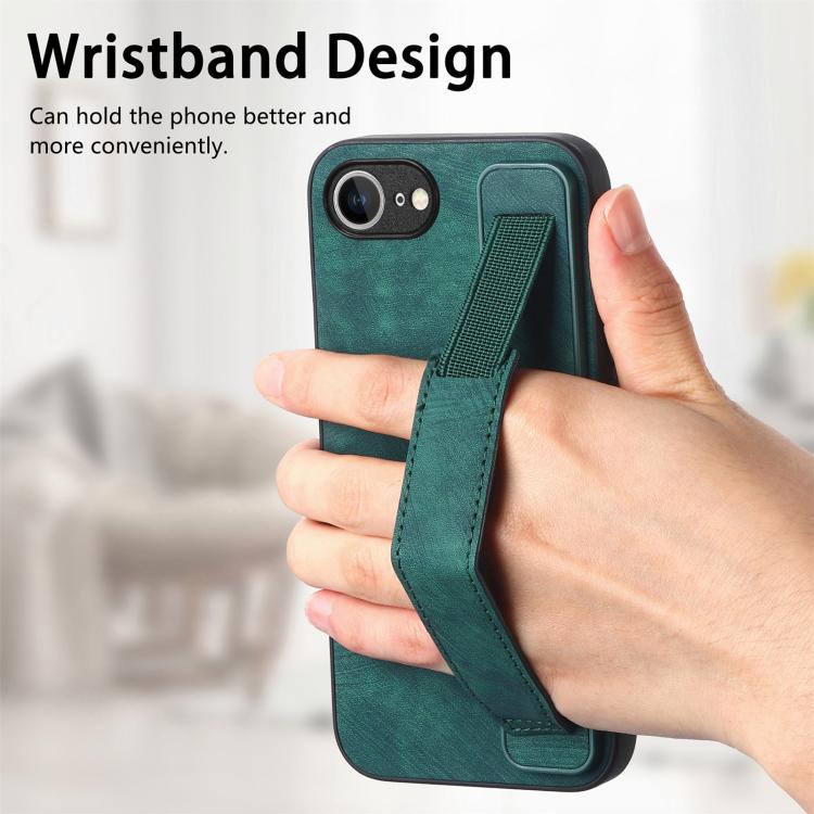 Funda de Cuero para iPhone 16E con Parte Trasera y Soporte para Pulsera (Verde)