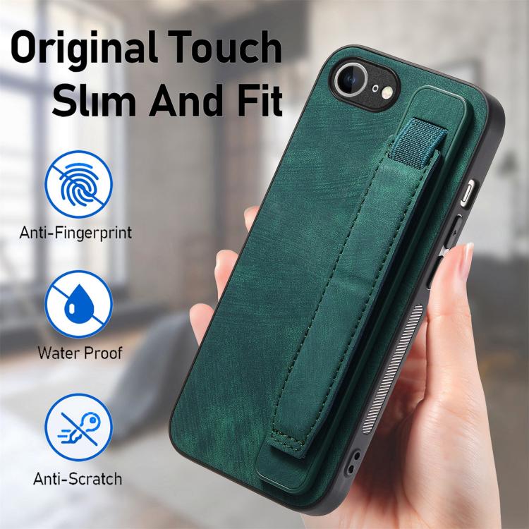 Funda de Cuero para iPhone 16E con Parte Trasera y Soporte para Pulsera (Verde)