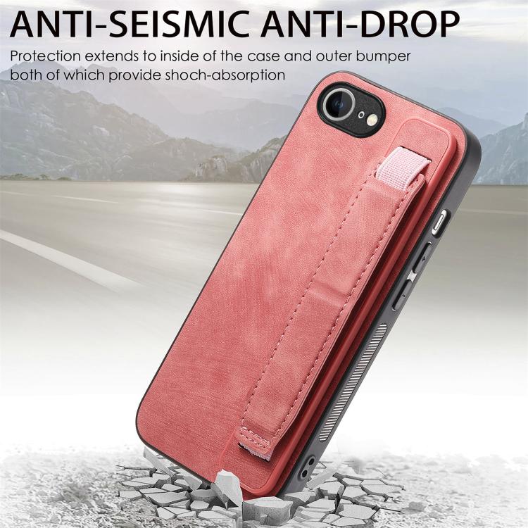 Funda de Cuero para iPhone 16E con Parte Trasera y Soporte para Pulsera (Rosa)