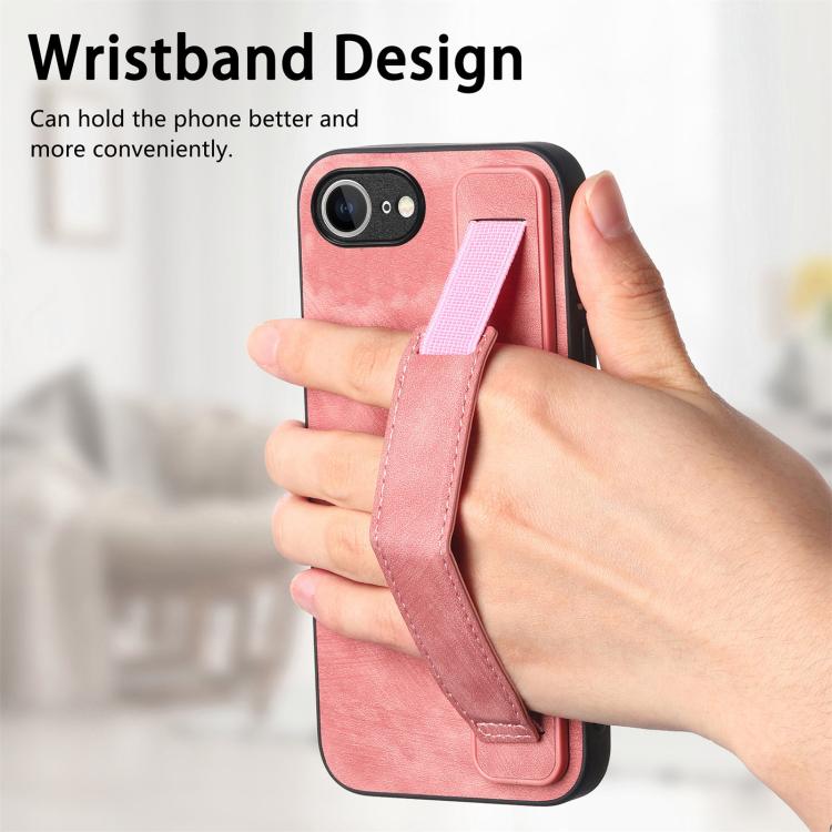 Funda de Cuero para iPhone 16E con Parte Trasera y Soporte para Pulsera (Rosa)