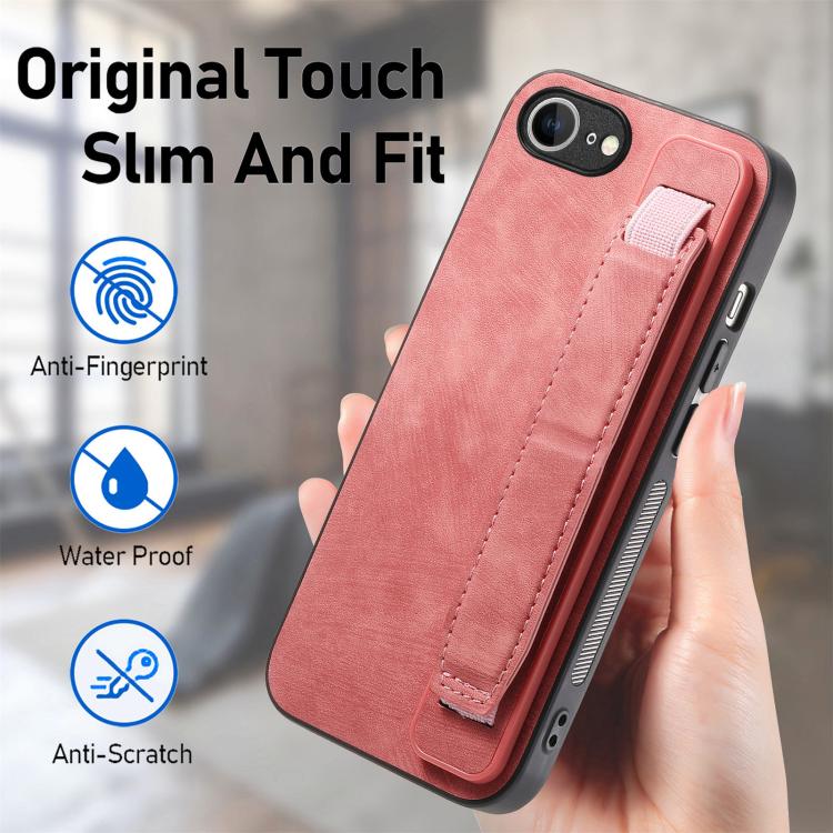 Funda de Cuero para iPhone 16E con Parte Trasera y Soporte para Pulsera (Rosa)