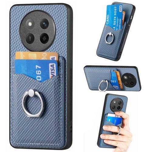 Funda para Teléfono Honor X60 Pro con Anillo y Billetera de Fibra de Carbono (Azul)