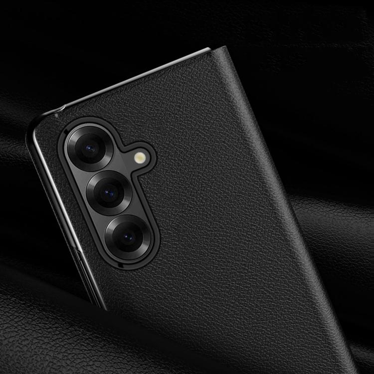 Funda trasera de PU con textura de lichi para Samsung Galaxy Z Fold7 5G con soporte (negra)