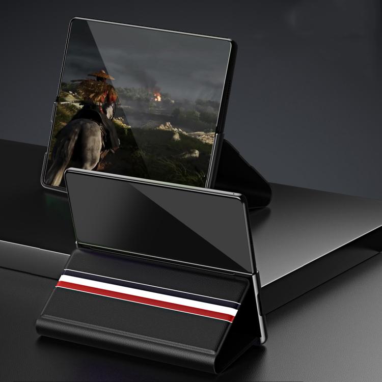 Funda trasera de PU con textura de lichi para Samsung Galaxy Z Fold7 5G con soporte (negra)
