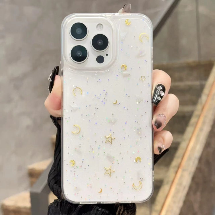 Funda de Teléfono TPU Epoxi con Purpurina y Diseño Luna y Estrellas para iPhone 16 Pro (Transparente)