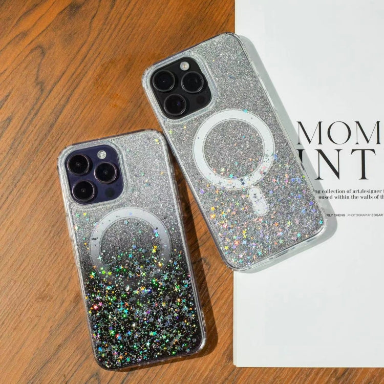 Funda MagSafe con purpurina degradada y estrellas para iPhone 16e (verde degradado)