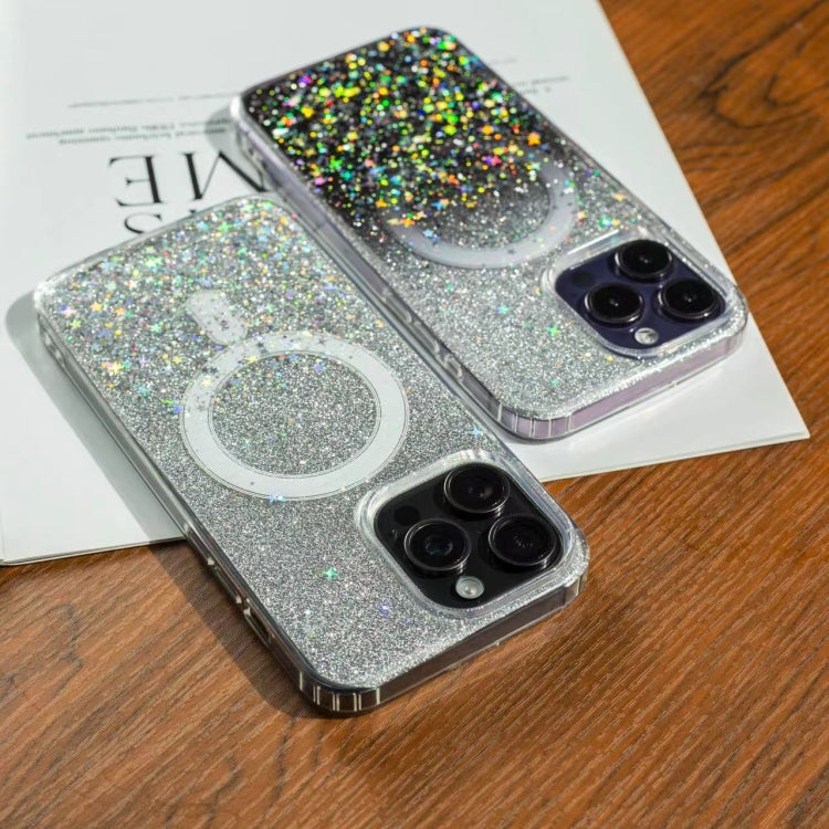 Funda MagSafe con purpurina y estrellas para iPhone 16e (negro degradado)