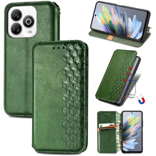 Funda de Cuero Magnética para ZTE Blade A75 4G con Diseño de Cuadrícula Cúbica (Verde)