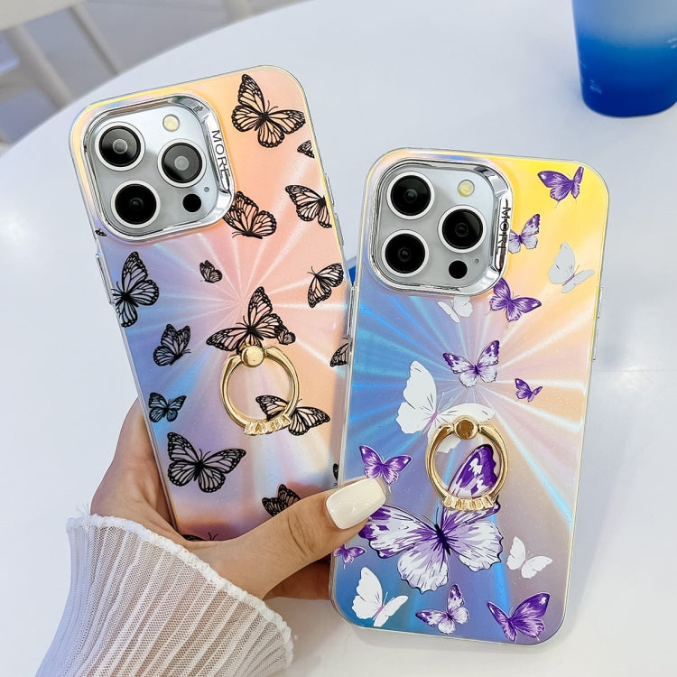 Estuche para Teléfono iPhone 15 con Soporte para Anillo Mariposa Láser Galvanoplastia (Moradas Blancas Ab6) - MOVILSTORE