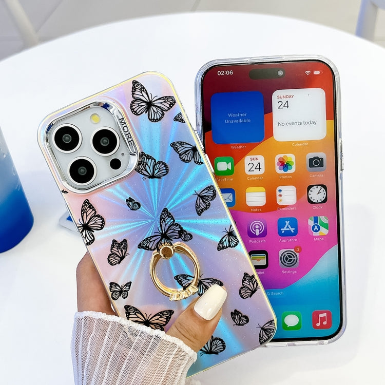 Estuche para Teléfono iPhone 15 con Soporte para Anillo Mariposa Láser Galvanoplastia (Moradas Blancas Ab6) - MOVILSTORE