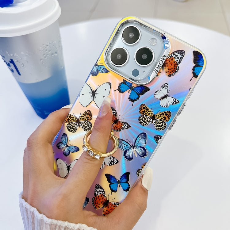 Estuche para Teléfono iPhone 15 con Soporte para Anillo Mariposa Láser Galvanoplastia (Moradas Blancas Ab6) - MOVILSTORE