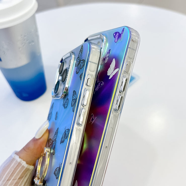 Estuche para Teléfono iPhone 15 con Soporte para Anillo Mariposa Láser Galvanoplastia (Moradas Blancas Ab6) - MOVILSTORE