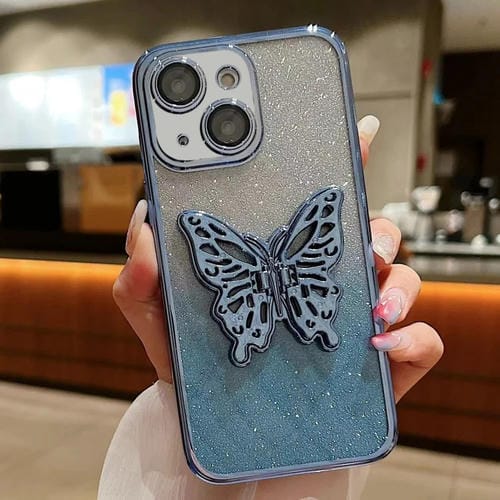 Estuche para teléfono TPU iPhone 15 Mariposa 3D Brillo Degradado Galvanizado (Azul Degradado) - MOVILSTORE