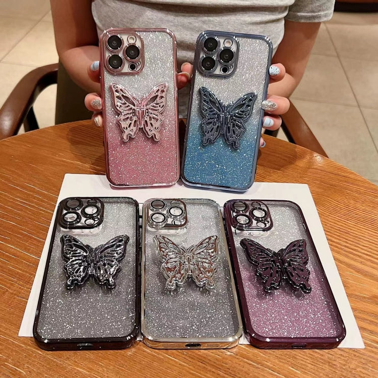 Funda para Teléfono TPU iPhone 15 Diseño Mariposa 3D Purpurina Galvanizada (Rosa Degradado) - MOVILSTORE