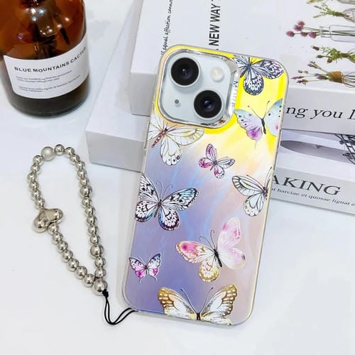 Funda para Teléfono iPhone 15 Mariposa Láser Galvanizada con Correa para Muñeca (Mariposas Rosadas Ab2) - MOVILSTORE