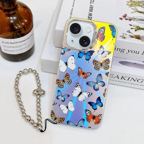 Funda para Teléfono iPhone 15 Mariposa Láser Galvanizada con Correa para Muñeca (Mariposas de Color Ab1) - MOVILSTORE