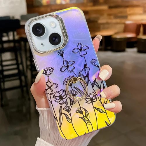 Funda para iPhone 15 TPU con Soporte de Anillo y Diseño de Flor Láser Galvanoplastia - MOVILSTORE
