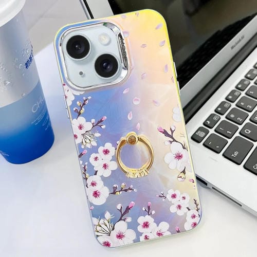 Caja de teléfono TPU para iPhone 15 con soporte de anillo y diseño de flor láser (Flor de Ciruelo Ah18) - MOVILSTORE