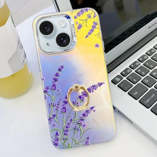 Caja de teléfono TPU para iPhone 15 Soporte de anillo Flor Láser Galvanoplastia (Lavanda) - MOVILSTORE