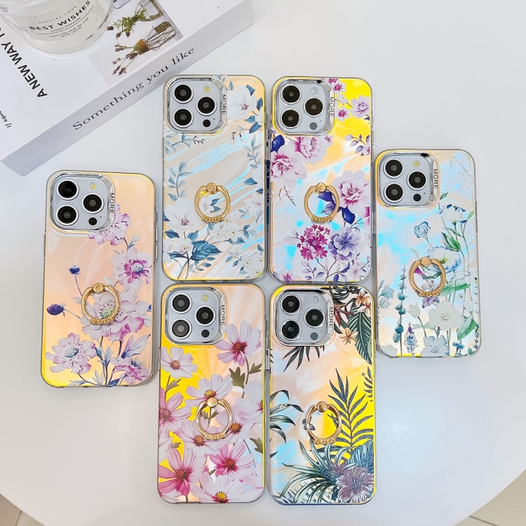 Caja de teléfono TPU para iPhone 15 con soporte de anillo flor láser galvanoplastia (Morning Glory Ah16) - MOVILSTORE