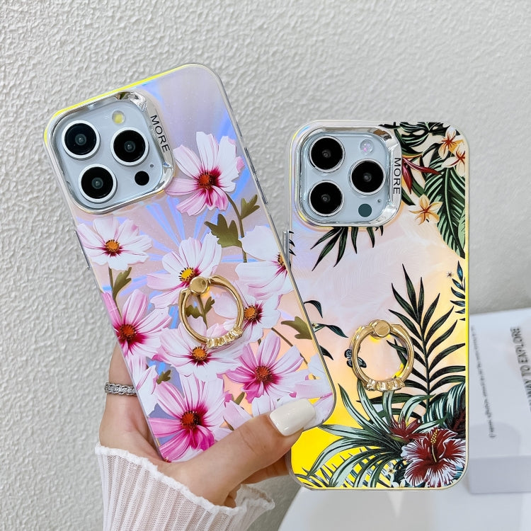Funda TPU con Soporte Anillo Flores Láser Galvanizado para iPhone 15 (Flor de Durazno) - MOVILSTORE
