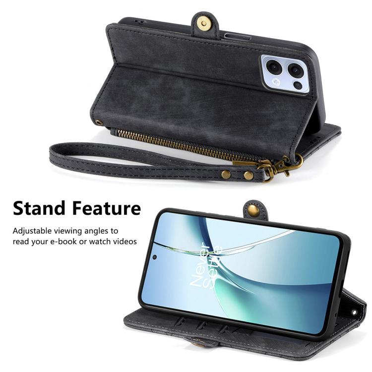 Funda de Cuero con Hebilla Lateral y Cremallera Geométrica para Oppo Reno13 (Negra)