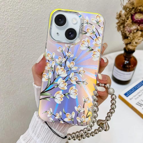 Funda para Teléfono iPhone 15 Pear Blossom Ah17 Flor Láser Galvanizada con Correa para Muñeca - MOVILSTORE