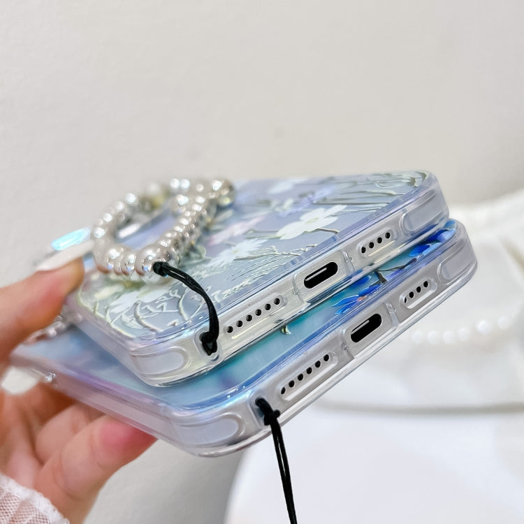 Estuche para Teléfono iPhone 15 Morning Glory Ah16 Flor Láser Galvanizada con Correa para la Muñeca - MOVILSTORE