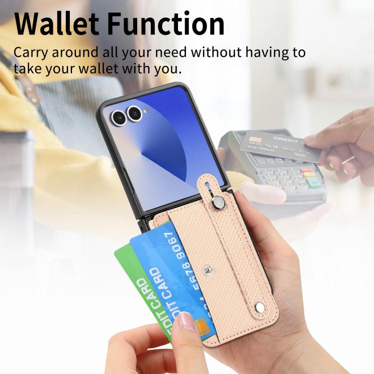 Funda trasera con función atril para Samsung Galaxy Z Flip7 5G, con correa para la muñeca y tarjetero (caqui)