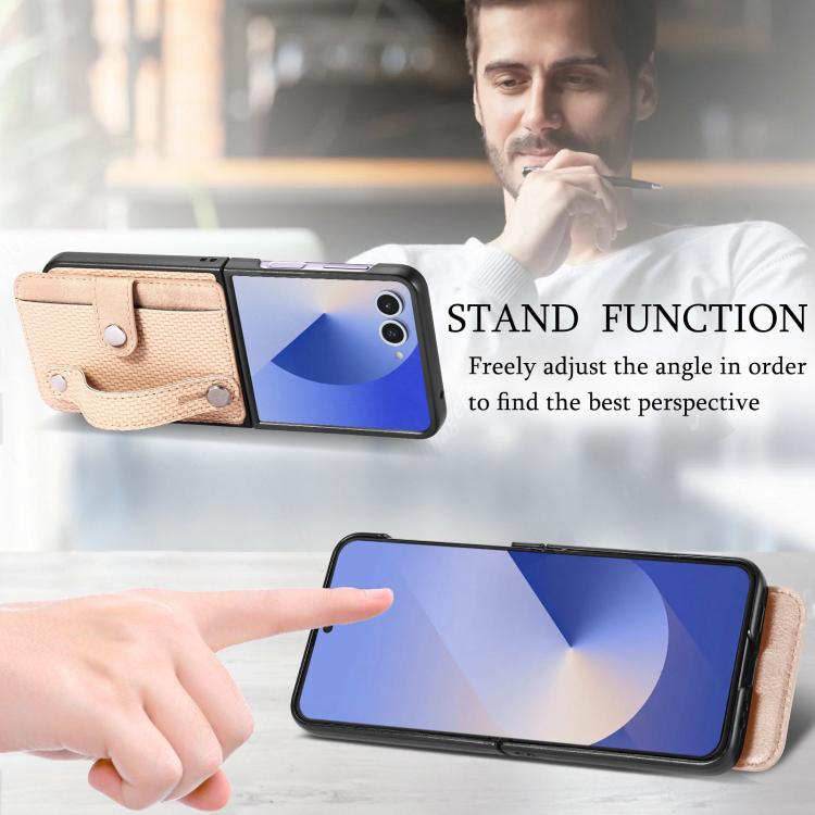 Funda trasera con función atril para Samsung Galaxy Z Flip7 5G, con correa para la muñeca y tarjetero (caqui)