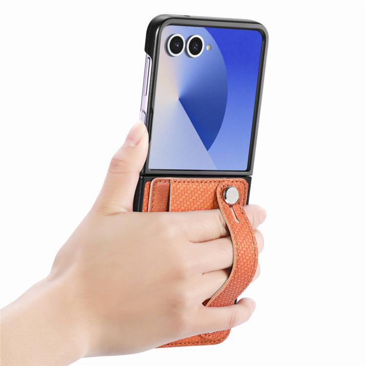 Funda trasera con correa para Samsung Galaxy Z Flip7 5G, con función atril, tarjetero y billetera (marrón)