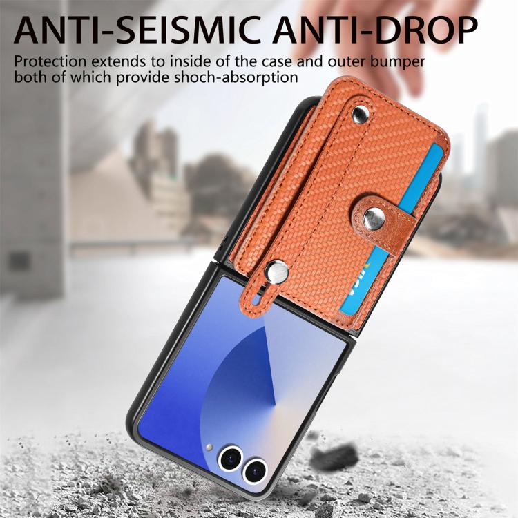 Funda trasera con correa para Samsung Galaxy Z Flip7 5G, con función atril, tarjetero y billetera (marrón)