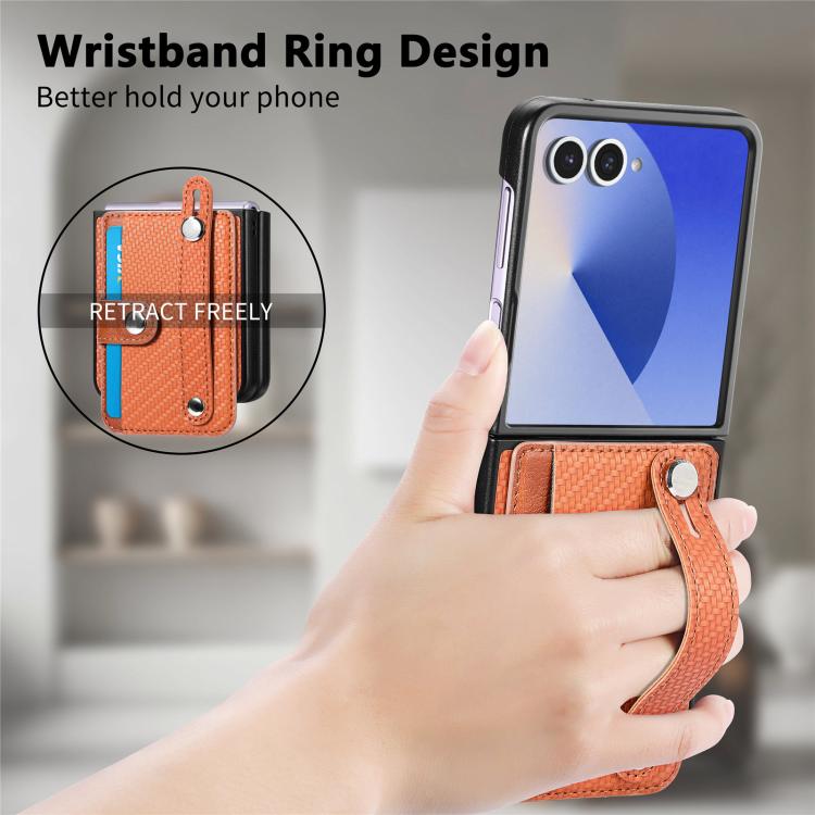 Funda trasera con correa para Samsung Galaxy Z Flip7 5G, con función atril, tarjetero y billetera (marrón)