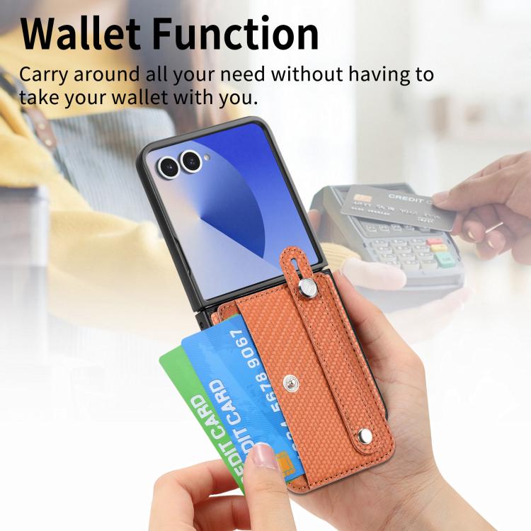 Funda trasera con correa para Samsung Galaxy Z Flip7 5G, con función atril, tarjetero y billetera (marrón)