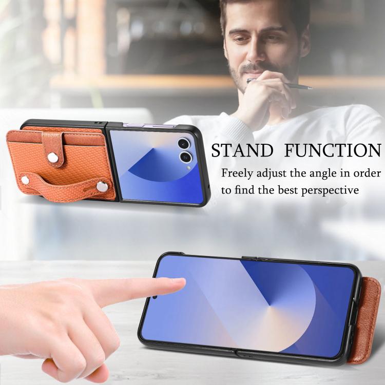 Funda trasera con correa para Samsung Galaxy Z Flip7 5G, con función atril, tarjetero y billetera (marrón)