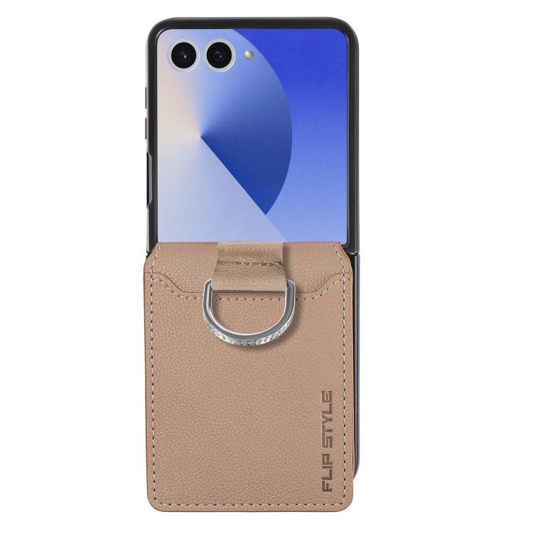 Funda tipo cartera con anillo de cuero con textura de lichi para Samsung Galaxy Z Flip7 5G (caqui)