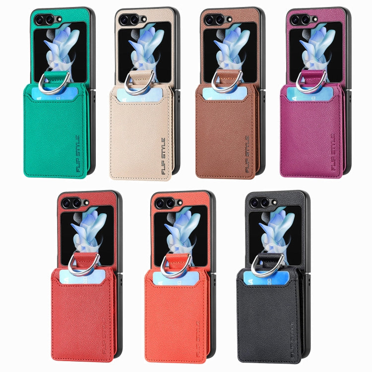 Funda tipo cartera con anillo de cuero con textura de lichi para Samsung Galaxy Z Flip7 5G (roja)