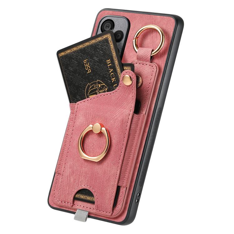 Funda para Redmi Turbo 4 Pro con diseño retro de piel sintética, con anillo y asa para colgar (rosa)