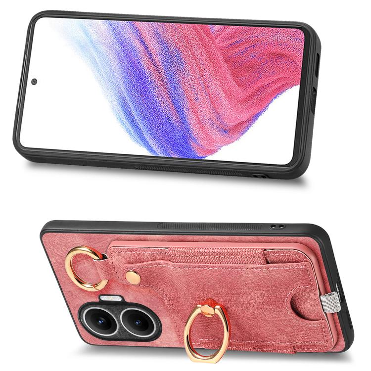 Funda para Redmi Turbo 4 Pro con diseño retro de piel sintética, con anillo y asa para colgar (rosa)