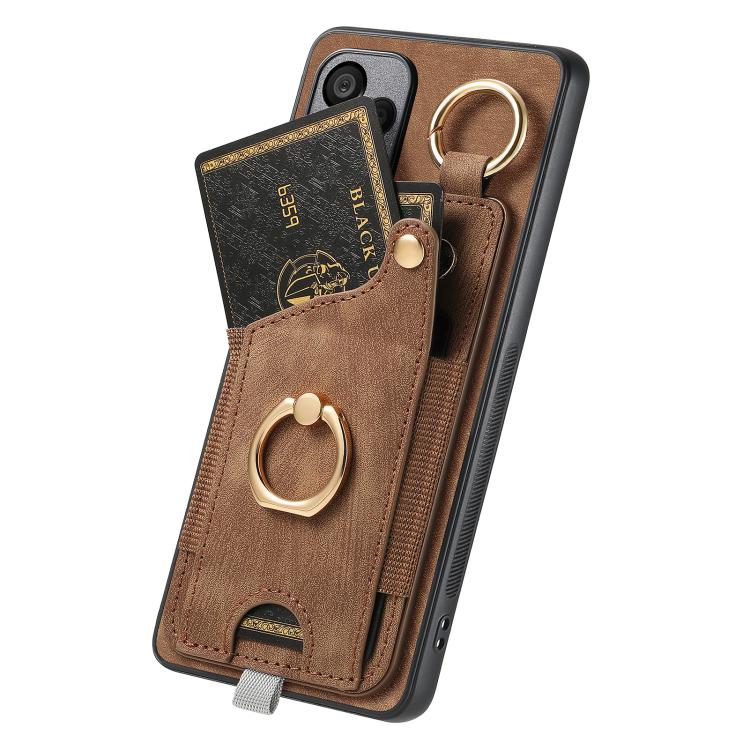 Funda para Redmi Turbo 4 Pro con diseño retro de piel sintética, con anillo y asa para colgar (marrón)