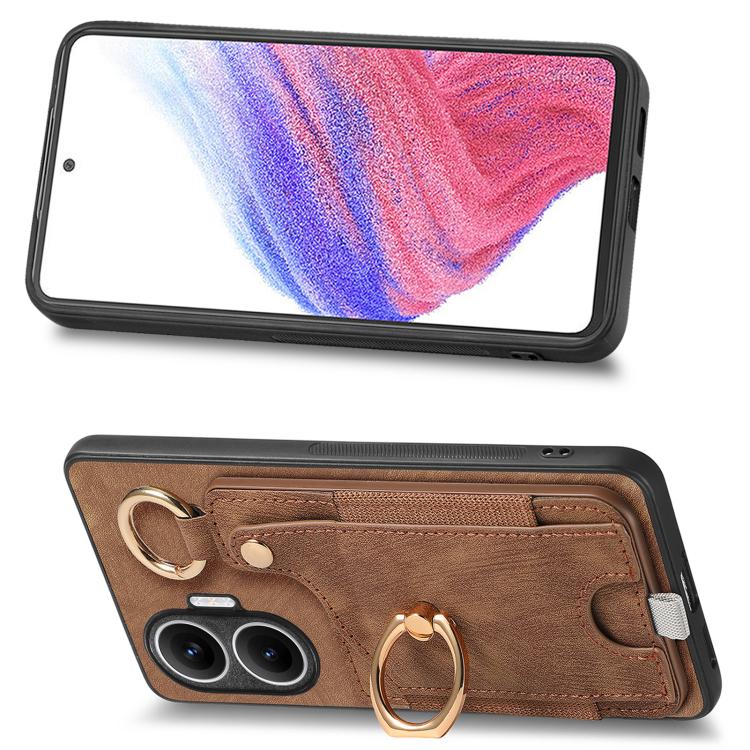 Funda para Redmi Turbo 4 Pro con diseño retro de piel sintética, con anillo y asa para colgar (marrón)